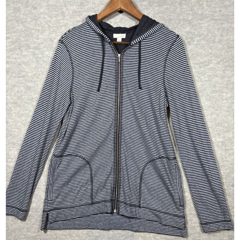J. Jill Blue Striped Lightweight‎ Hooded Zip Women's Jacket Size S Casual